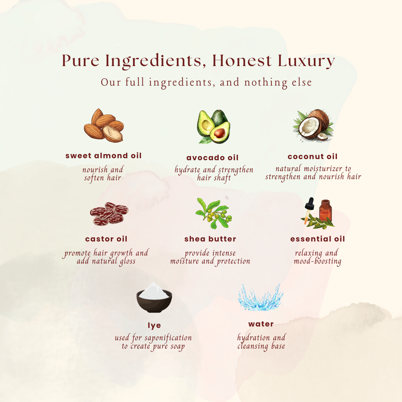 A visual representation of the key natural ingredients used in our eco-luxury shampoo, including avocado oil, sweet almond oil, and coconut oil, highlighted with elegant graphics. These ingredients are carefully selected for their nourishing, hydrating, and restorative properties, ensuring a pure and luxurious hair care experience